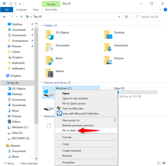 In Windows 10, pin to Start Menu any location from File Explorer