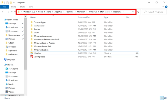 Insert the path in File Explorer's address bar