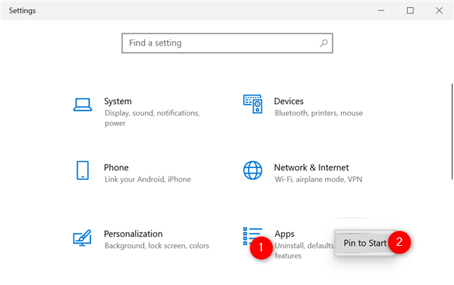 Pin to Start a settings category