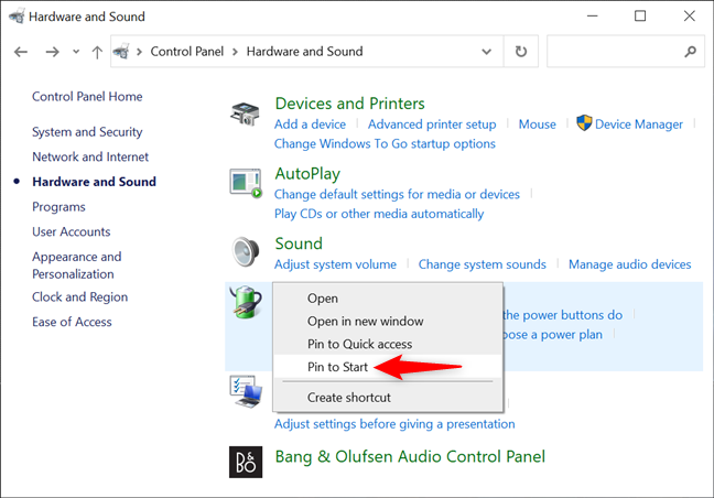 Pin to Start settings from the Control Panel