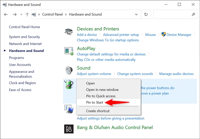 Pin to Start settings from the Control Panel