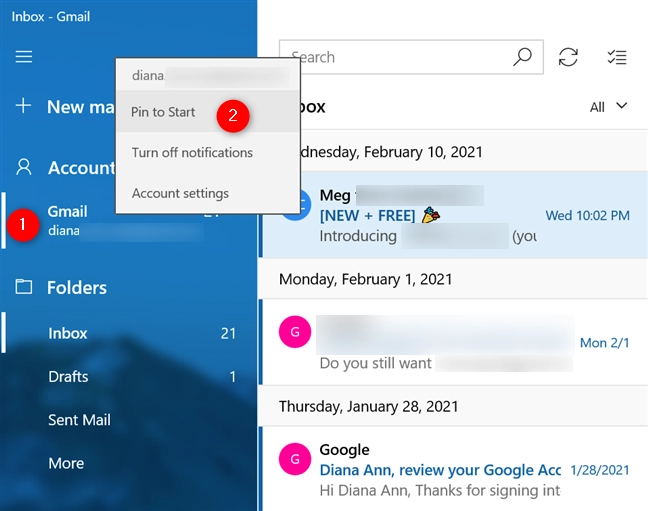 In Windows 10, pin to Start an email account