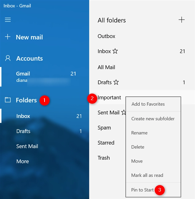How to pin an email folder to Start in Windows 10
