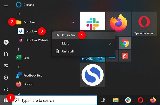 Open an app's folder to pin to Start in Windows 10