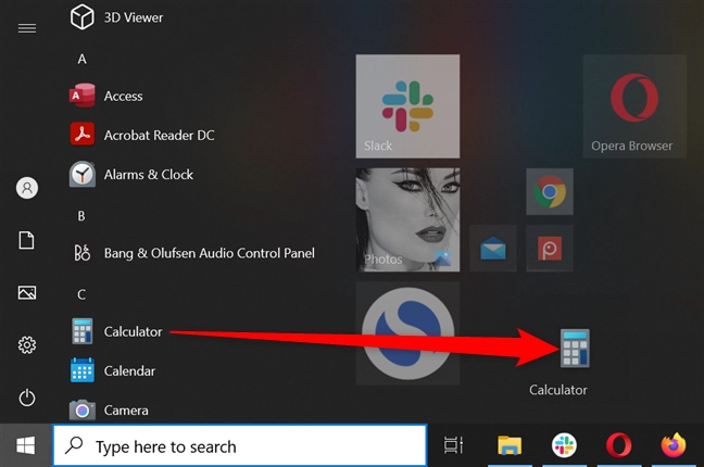 In Windows 10, pin a shortcut to Start Menu by dragging it from the left and dropping it in the right section