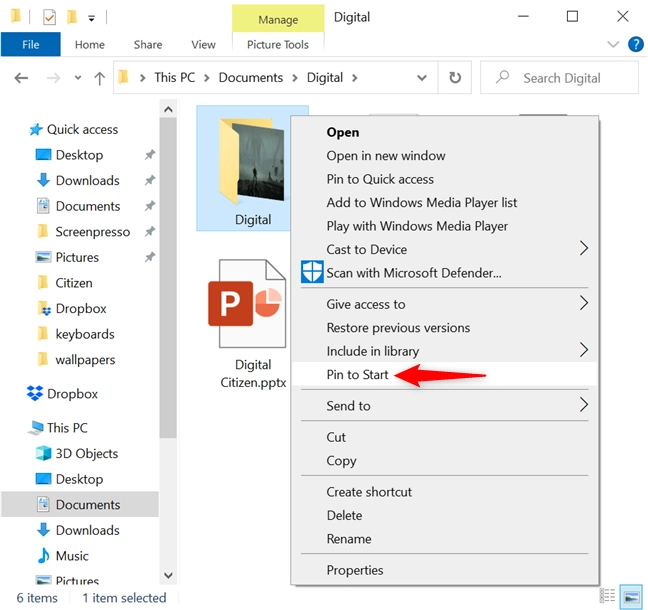 In Windows 10, pin a folder to Start from the right-click menu
