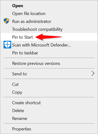 The Windows 10 Pin to Start option in a contextual menu