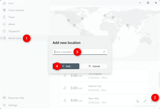 Add a new location in the World clock tab of the Windows Clock app