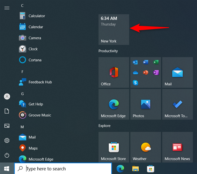 A clock's live tile in the Windows 10 Start Menu