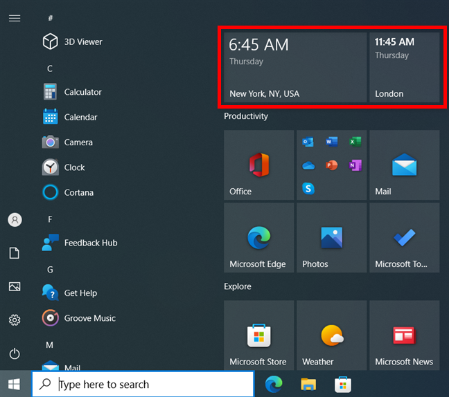 Use different sizes for the clocks added to the Windows 10 Start Menu