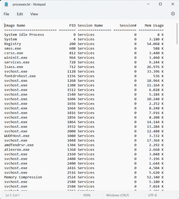 The output of the tasklist command