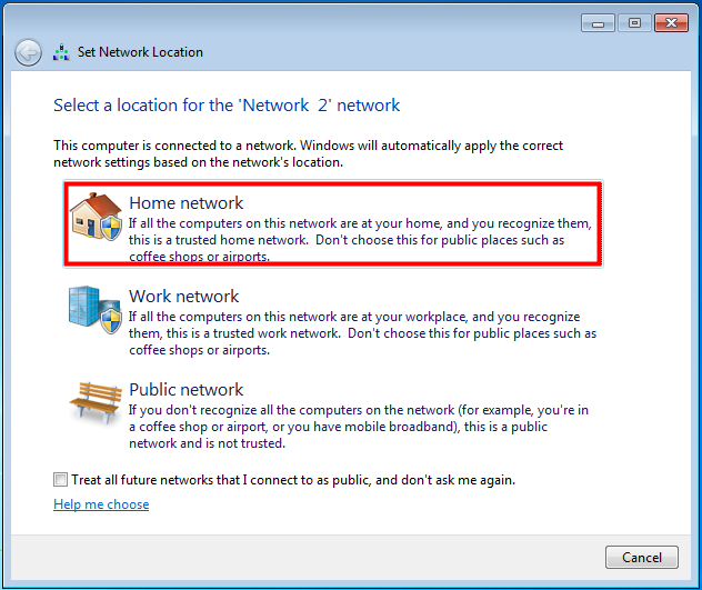 To use a Homegroup in Windows 7, you need to set the network location to Home