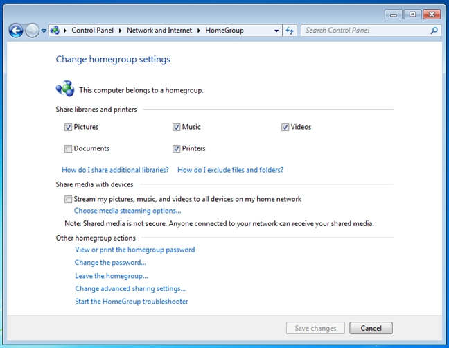 Change homegroup settings
