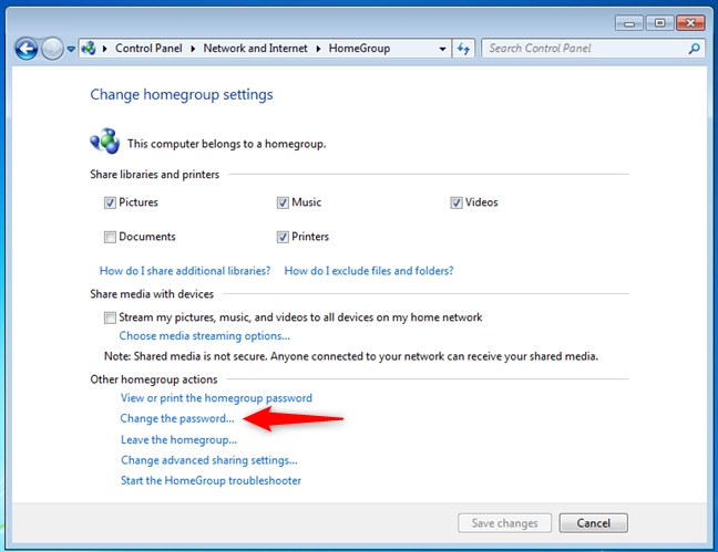 Change the password of the Windows 7 Homegroup