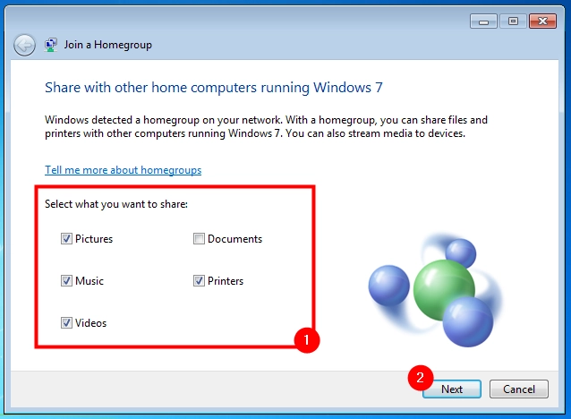 What to share on the Windows 7 Homegroup
