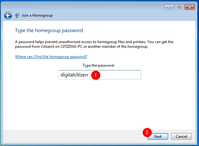 Type the homegroup password