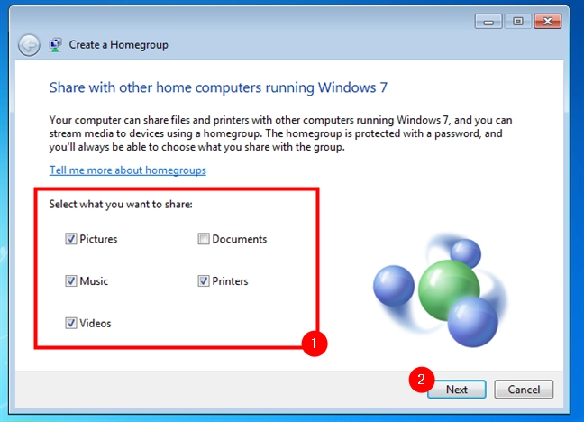 Choosing what to share on the Windows 7 Homegroup