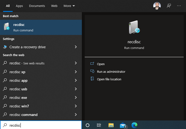 Search for recdisc in Windows 10