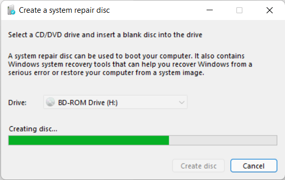 Wait for the System Repair disc to be created
