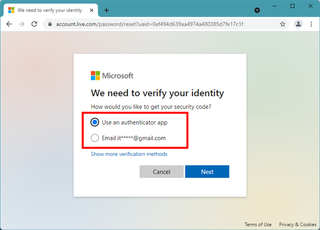 Email alternative for receiving the Microsoft security code