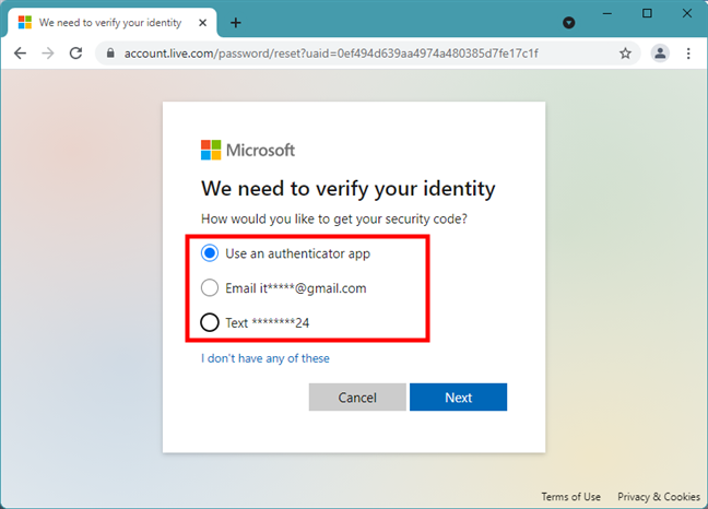 Alternative ways for getting the Microsoft password reset code