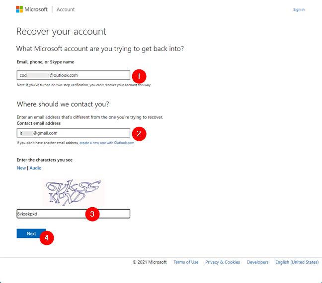 Details about your lost Microsoft account