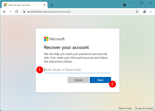 Enter the Microsoft account on the Recover your account page