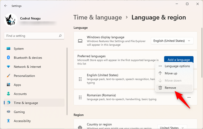 Choosing to Remove a Windows 11 display language