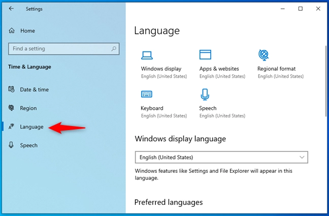 The Language page from Windows 10's Settings app