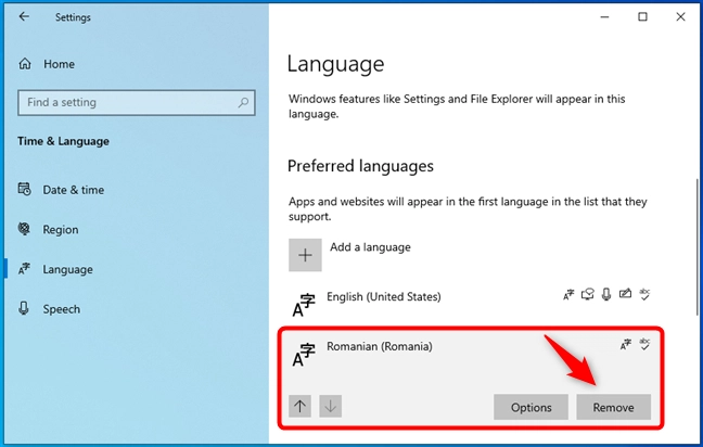The option to Remove a Windows 10 display language