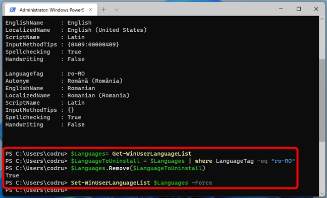 The commands that uninstall a Windows language pack