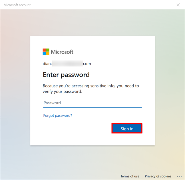 Enter your current Microsoft password to sign in