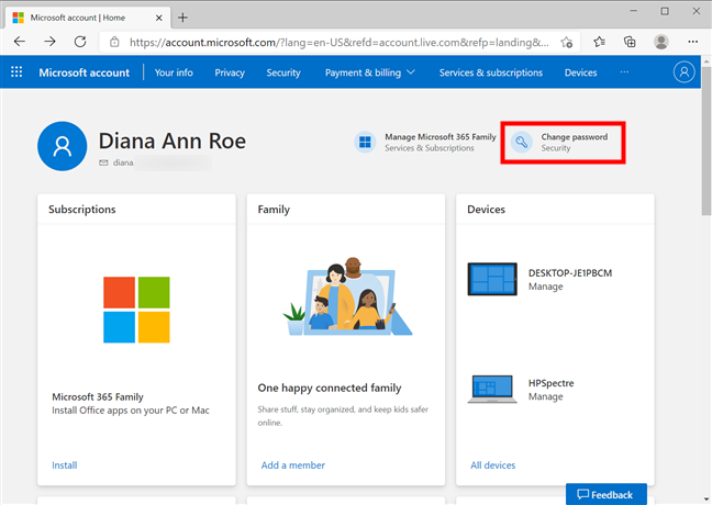 Press Change password to choose another Microsoft password