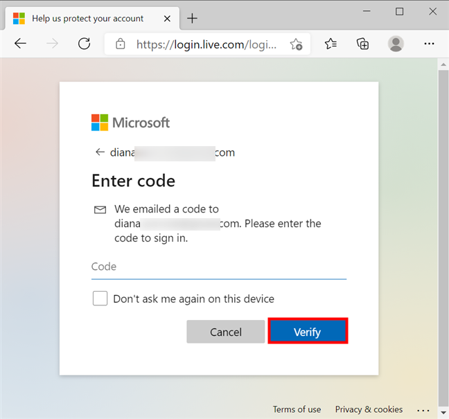 Verify your identity to change the Microsoft password