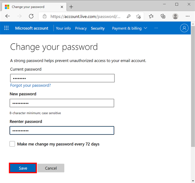 How to change your Microsoft account password from a browser