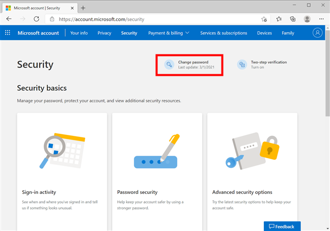 Microsoft shows when you last changed your password
