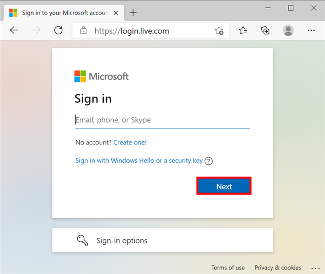 Insert the required info to sign into your Microsoft account