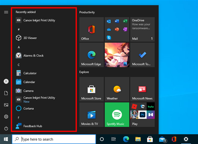 The app list from Windows 10's Start Menu