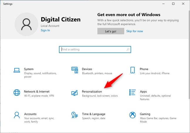 Opening Personalization in Settings