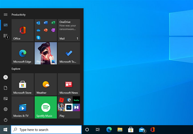 A simple Start Menu with a single column of apps in Windows 10