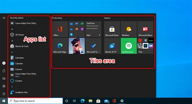 Apps list and tiles area in the default Start Menu