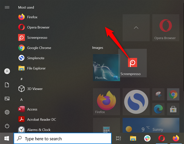 Expand the Start Menu and drag away the tile or shortcut you want to remove