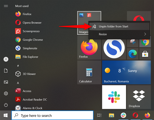 Unpin a folder from the Start Menu