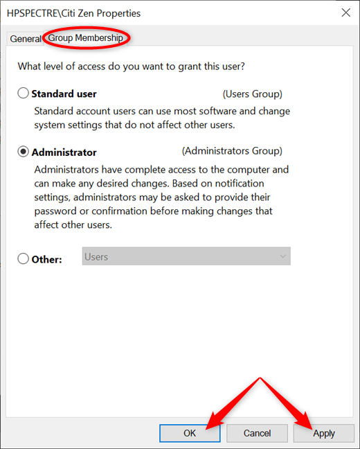 Choose between Standard user and Administrator and Apply your changes
