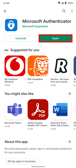 Open the Microsoft Authenticator app from the Play Store
