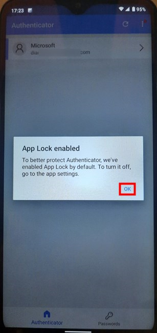 Tap OK to finish the Microsoft Authenticator setup