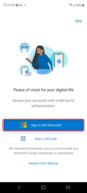 Press Add account to start the Microsoft Authenticator setup