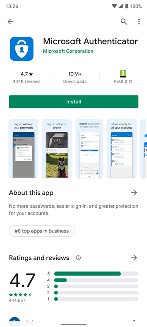 The Microsoft Authenticator app in the Google Play Store