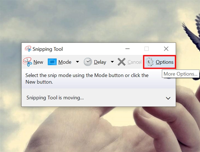 Press on Options to set up the Snipping Tool app