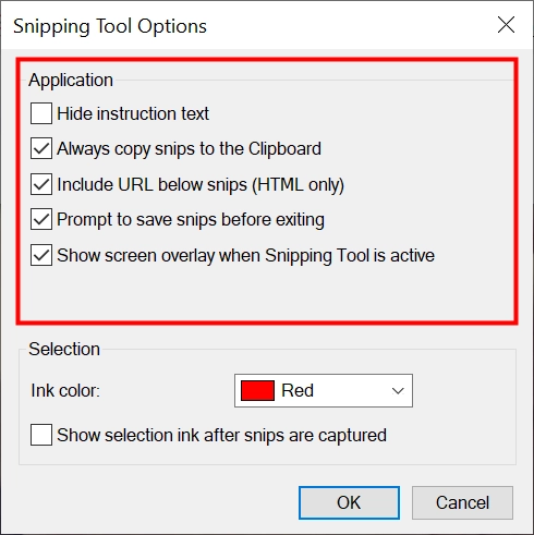 The Application Options in the Microsoft Snipping Tool